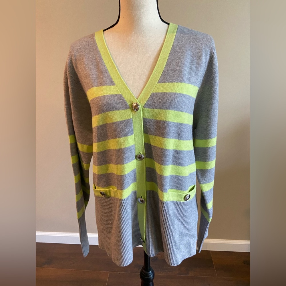 Rachel Zoe Gray and Green Cardigan Sweater with V-Neck Size XL  NWOT